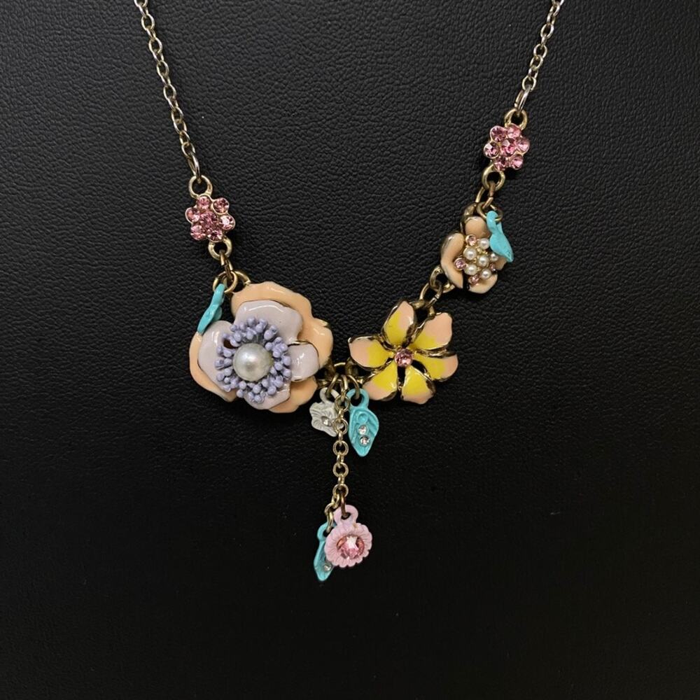 Vtge PLUNDER Floral Enamel Crystal Bib Necklace Pink Yellow Blue Purple 17 1/2"